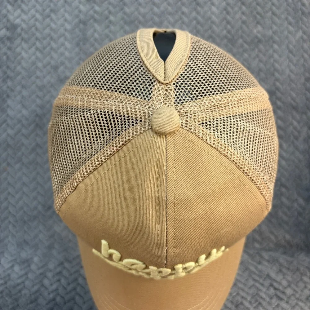 C.C Exclusives Happy Camper Tan Khaki Ponytail Mesh Back Trucker Hat Cap